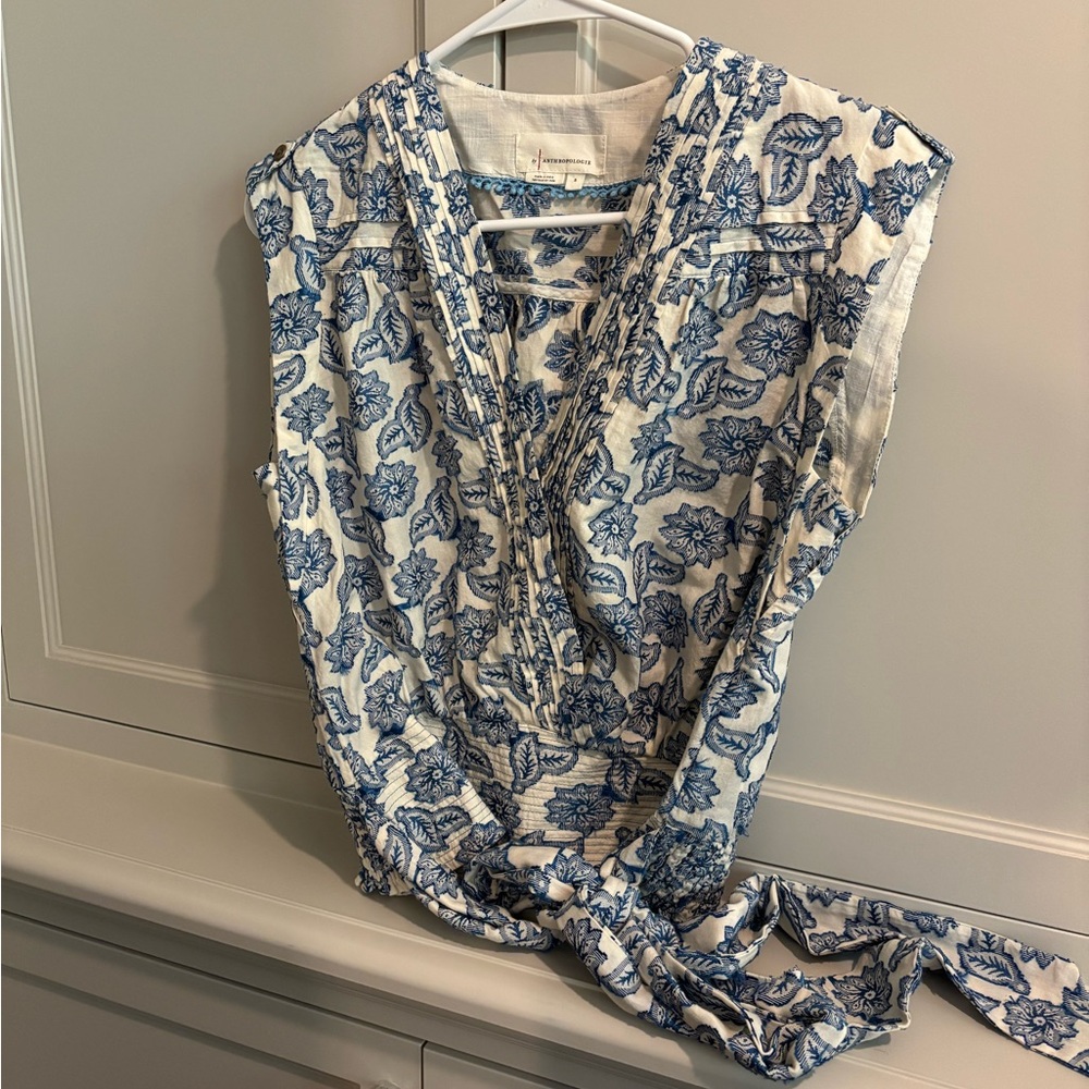 Anthropologie Blue and White Floral Tie-Waist Blouse